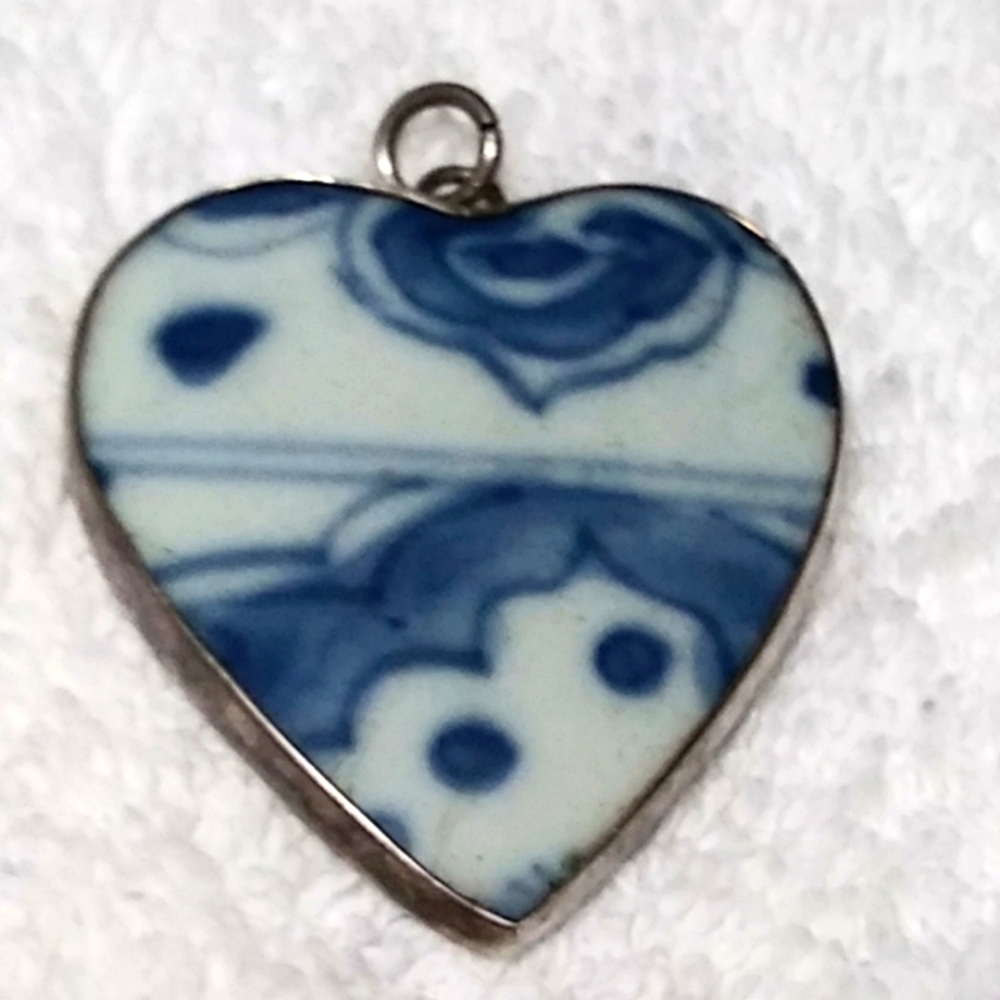 1930's Antique Chinese Porcelain Sterling Silver Pendant
